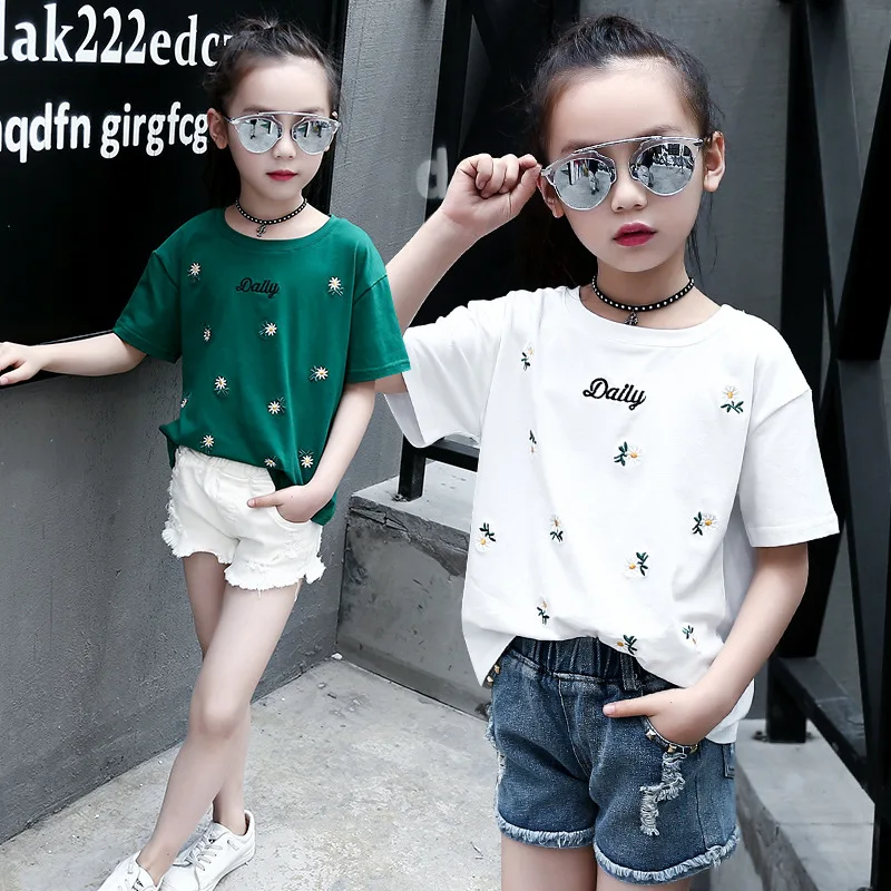 

Girls' short-sleeved T-shirt 2021 new summer children's big children's pullover knitted cotton sweater top
