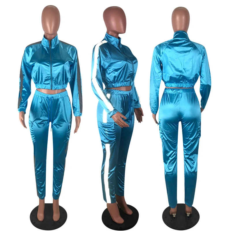 

Women Side Reflective 2pcs Outfits Casual Strip Long Sleeve Jacket Top + Sweatpants Suits Autumn 2pcs Set Sport wear Tracksuit