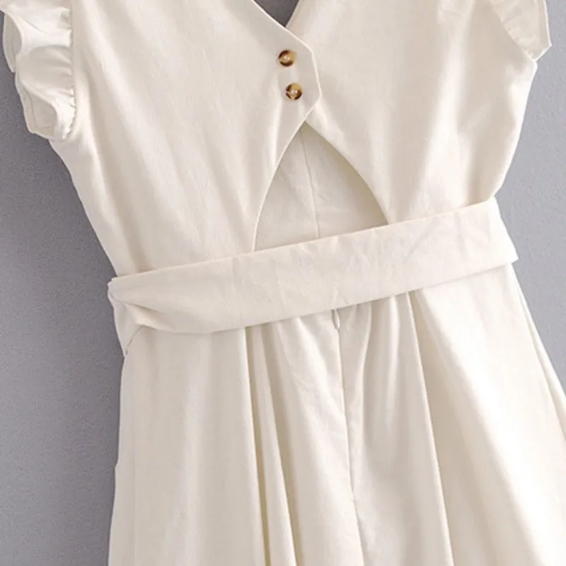 Elegant Ruffled White Dress Women Sleeveless Backless Bow Midi Summer Pocket Casual Sexy V-Neck Beach 2020 Vestido | Женская одежда