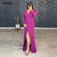 verngo simple stretch satin long sleeves prom dresses v neck pleats front slit floor length evening gowns formal women dress