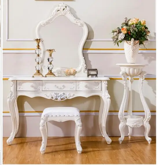 Европейский стиль туалетный столик белого цвета и цвета слоновой кости на заказ сплошная деревянная прикроватная туалетный столик