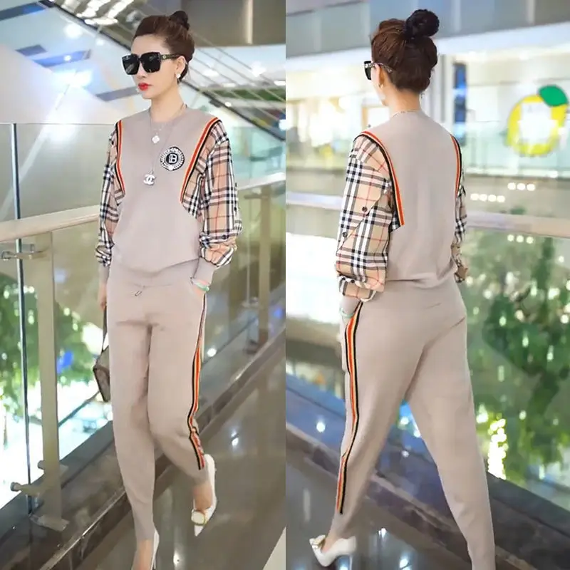 

2021 Spring New Fashion Suit Women's Genuine Versatile Color Plaid Patchwork Sweater Pants Leisure Sports Two Piece Set