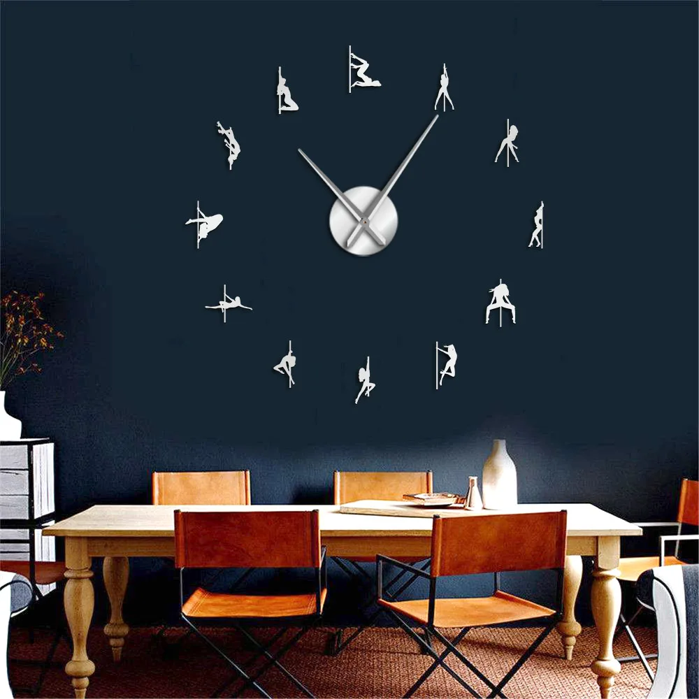 Pole Dance DIY Giant Wall Clock Sexy Girls Stripper Mirror Numbers Stickers Steal Tube Dancer Night Club Decor Modern Wall Clock