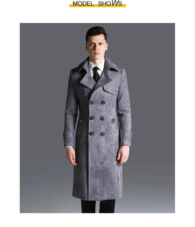 Plus Size Winter Long Jacket Men Suede Windbreaker Mens Black Leather Trench Coat Slim Cloak Male Outerwear Long Coat 5XL 6XL