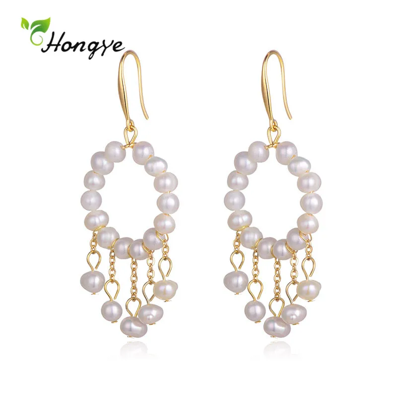 

Hongye Classic Round Natural Freshwater Pearls Drop Earrings for Women Long Pendientes Tassel Party Modern Jewelry Brincos Gifts