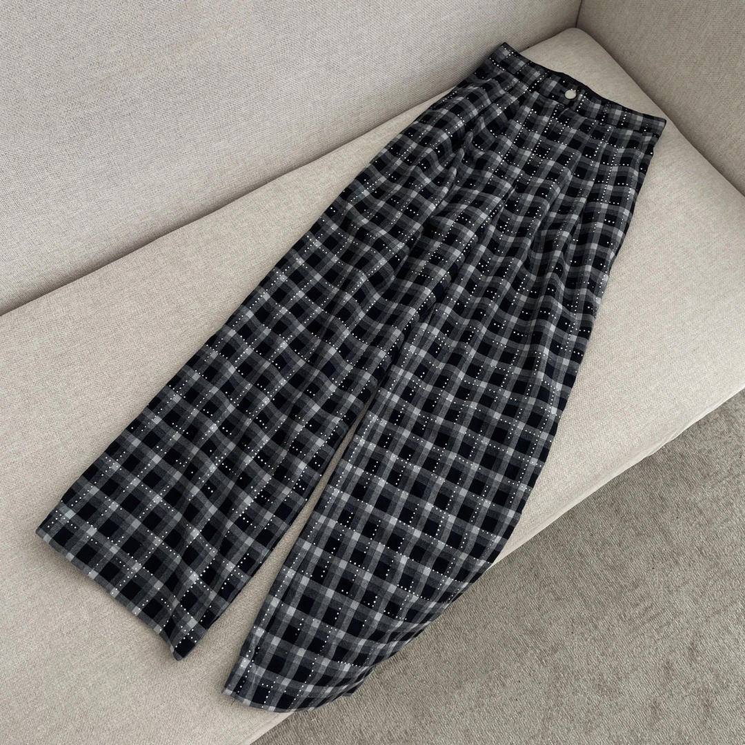 

2021 FW New Plaid Wide Leg Pants Loose Straight Soft Full Length CHA Chic NEL High Quality Cotton 100% Silk Lining Women Bottoms