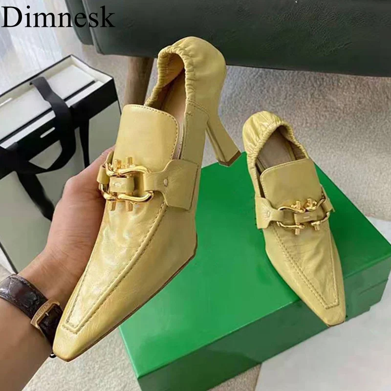 

2021 New High Heels Women Single Shoes Metal Buckle Decoration Pointed Toe Shoes Ladies Genuine Leather Designer Runway Pumps