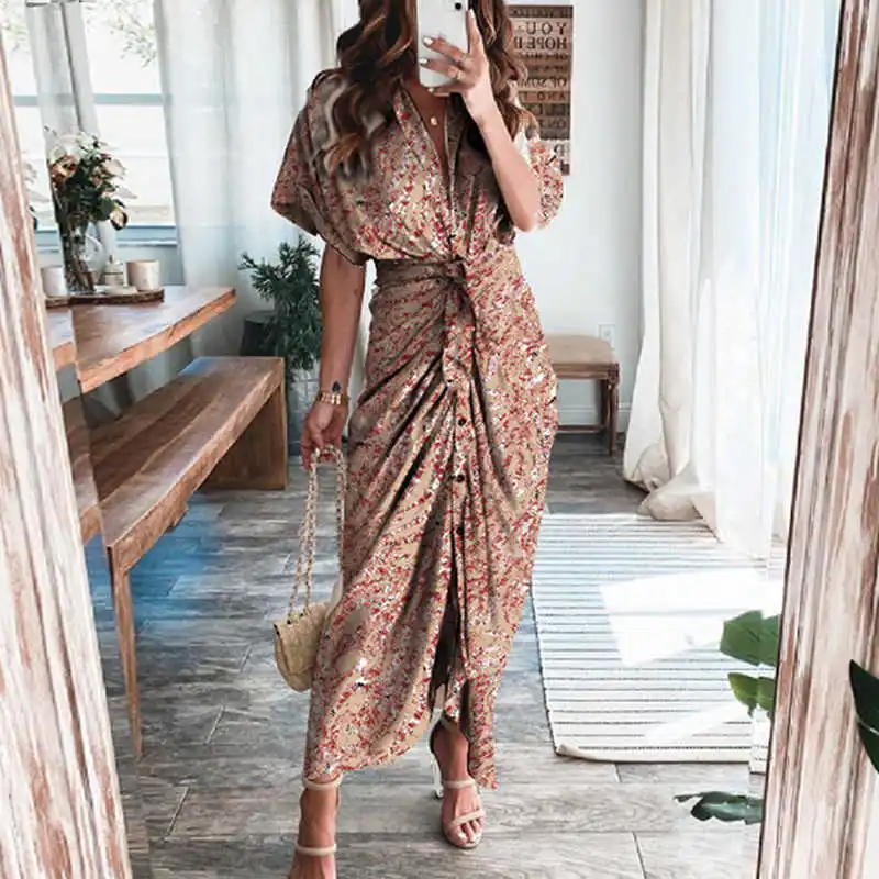 

Fashion Turn-down Collar Draped Party Dresses Elegant Button Office Ladies Shirt Dress Women Summer Short Sleeve Slit Long Dress