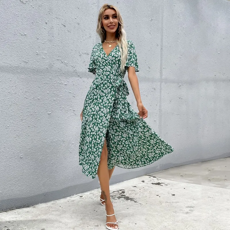 

GRAZIA DONNA Women Summer Wrap Dress Ruffle Lace Up V-neck Short Sleeve Midi Dress Casual Green Floral Dresses for New Year 2022