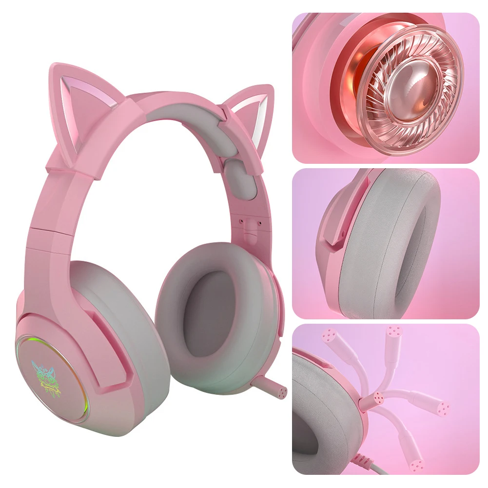 Enlarge FOR Pink Earphone LED Light With Microphone Removable Cat Ears Noise Canceling Cute Game Headphone for Music