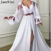 janevini 2020 stylish white evening dresses with embroidery long sleeves sexy v neck leg split arab women prom formal party gown