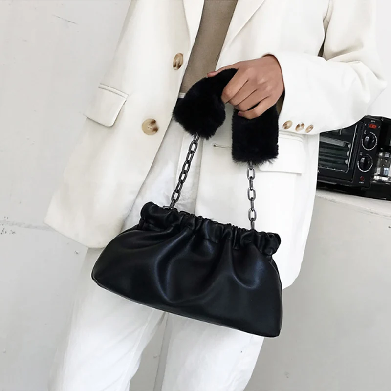 

Trendy Women's Cloud Crossbody Bag Plush Thick Chain Handle Handbag High Quality PU Leather Shoulder Bags Female Armpit Bag Tote
