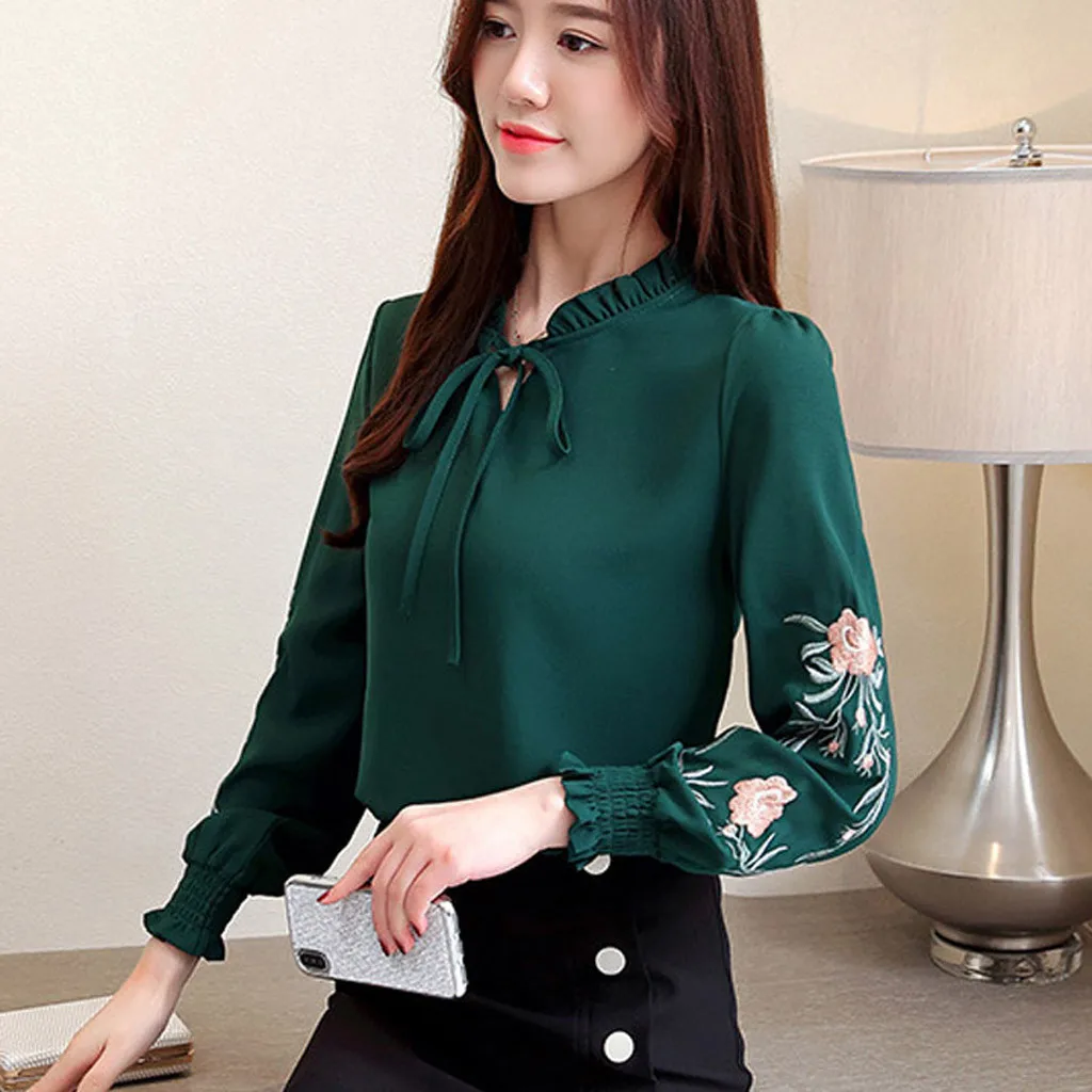 Женские топы размера плюс с цветочной вышивкой шифоновая блузка рубашка модные