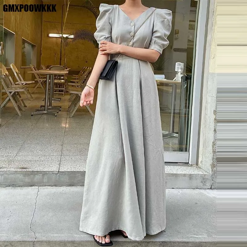 

One-Piece Women Maxi Dress Party Office Fashion Summer New Dresses 2021 Korean Elegant Slim V-Neck Short Sleeve For Ladies Dress