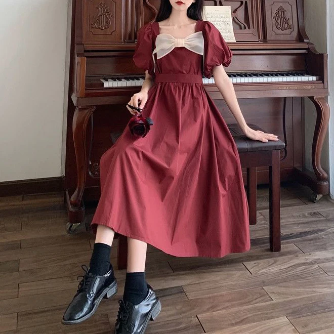 

Summer 2021 plus size new retro French bellflower skirt bow knot waist was thin short-sleeved dress women Bow A-LINE