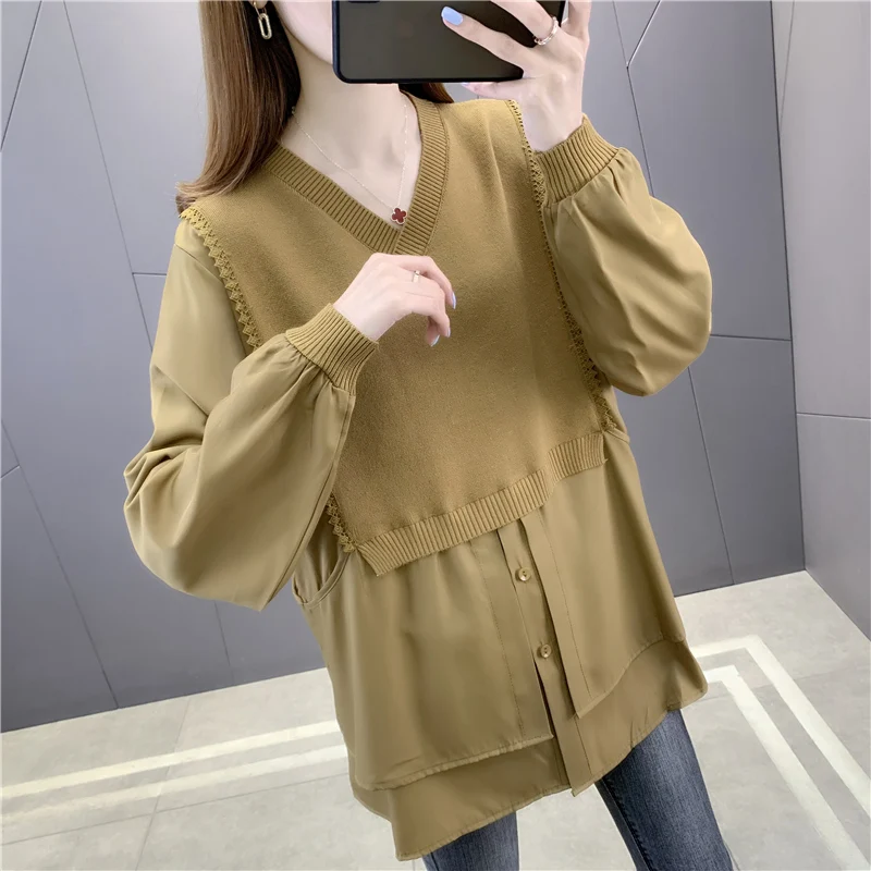 

Room 218162, Row 6, No. 4, center] actual shooting of V-neck fake two piece splicing shirt sweater [1688] 52