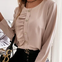 solid color long sleeve commute blouse for women o neck patchwork ruffled elegant office ladies shirts casual female tops