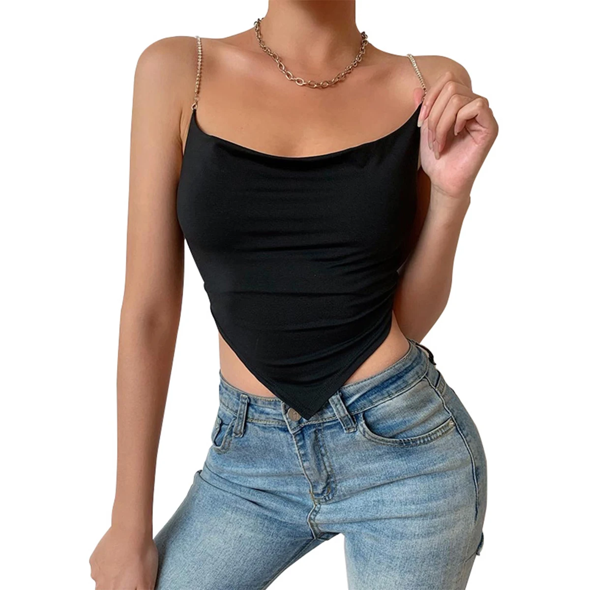 Летняя женская однотонная кофта для девушек модный асимметричный подол Стразы