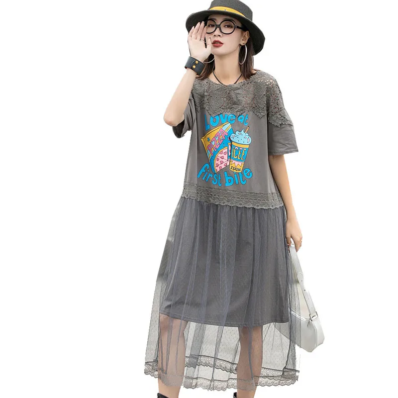 Женское Сетчатое платье составного кроя QING MO кружевное ажурное серого цвета с