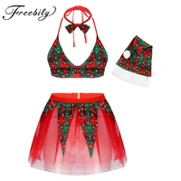 women christmas dress up lingerie set halter neck spaghetti strap bra top with mini red mesh skirt sexy claus santa sleepwear
