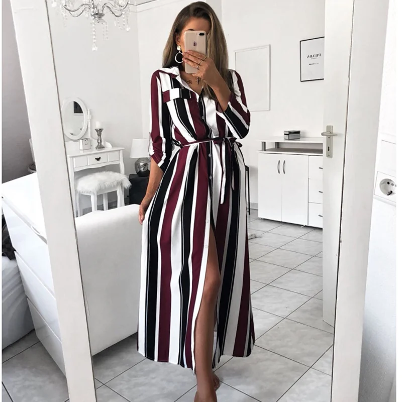 

Women Autumn Summer Long Sleeve Dress Casual Striped Maxi Dress Office Lady Turn-Down Collar Button Long Shirt Dress