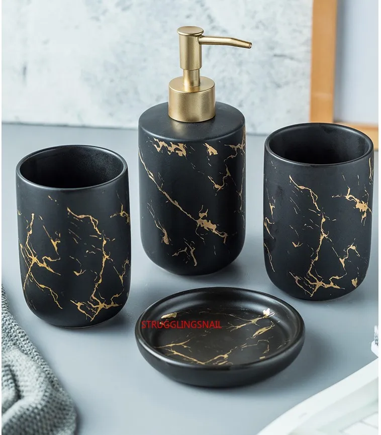 ceramic bathroom accessory set washing tools water bottle mouthwash cup imitation marble soap dish toothbrush holder free global shipping