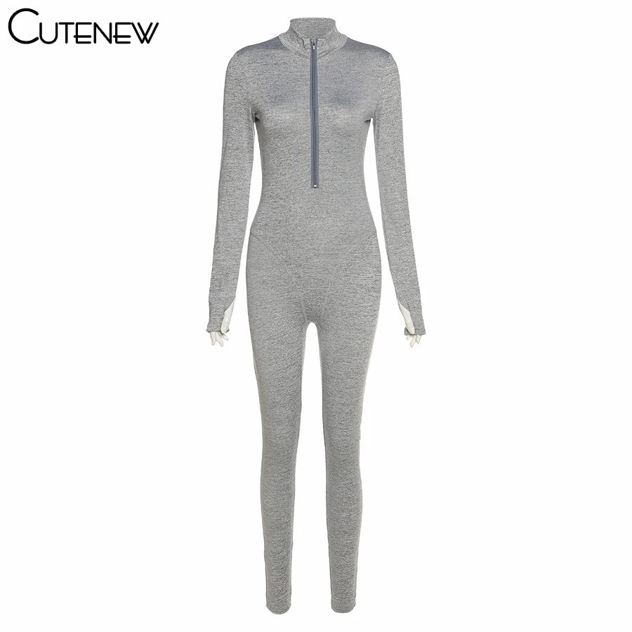 

Cutenew New Solid Zipper Casual Sporty Workout Women Jumpsuit 2021 Spring Fashion Skinny Long Sleeve Athleisure Bodycon Jumpsuit