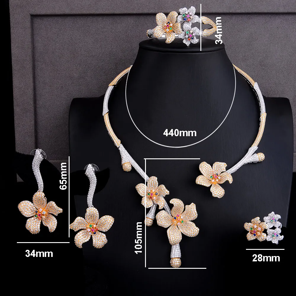 

SISCATHY 3 Colors Luxury Shiny Blooming Flowers Jewelry Sets Bangle Earrings Necklace Ring European Bridal Wedding Party Gifts