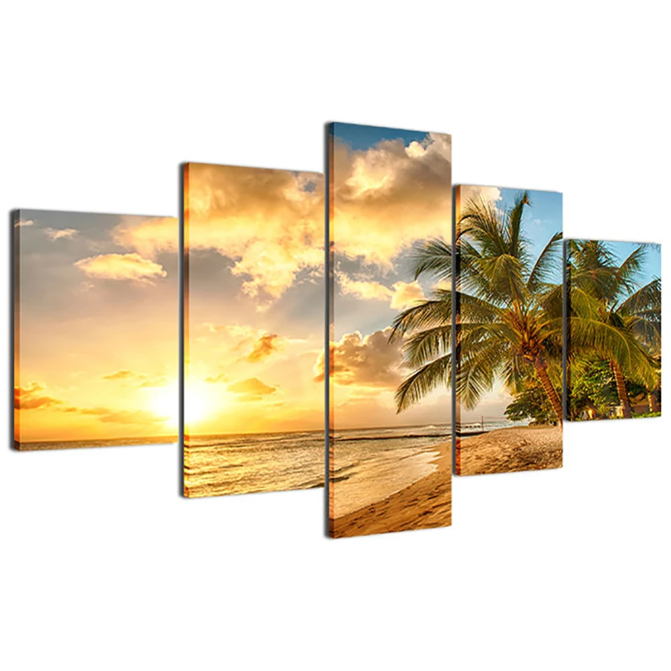 Полная квадратная круглая Алмазная картина 5 панель пальмы морской закат пейзаж