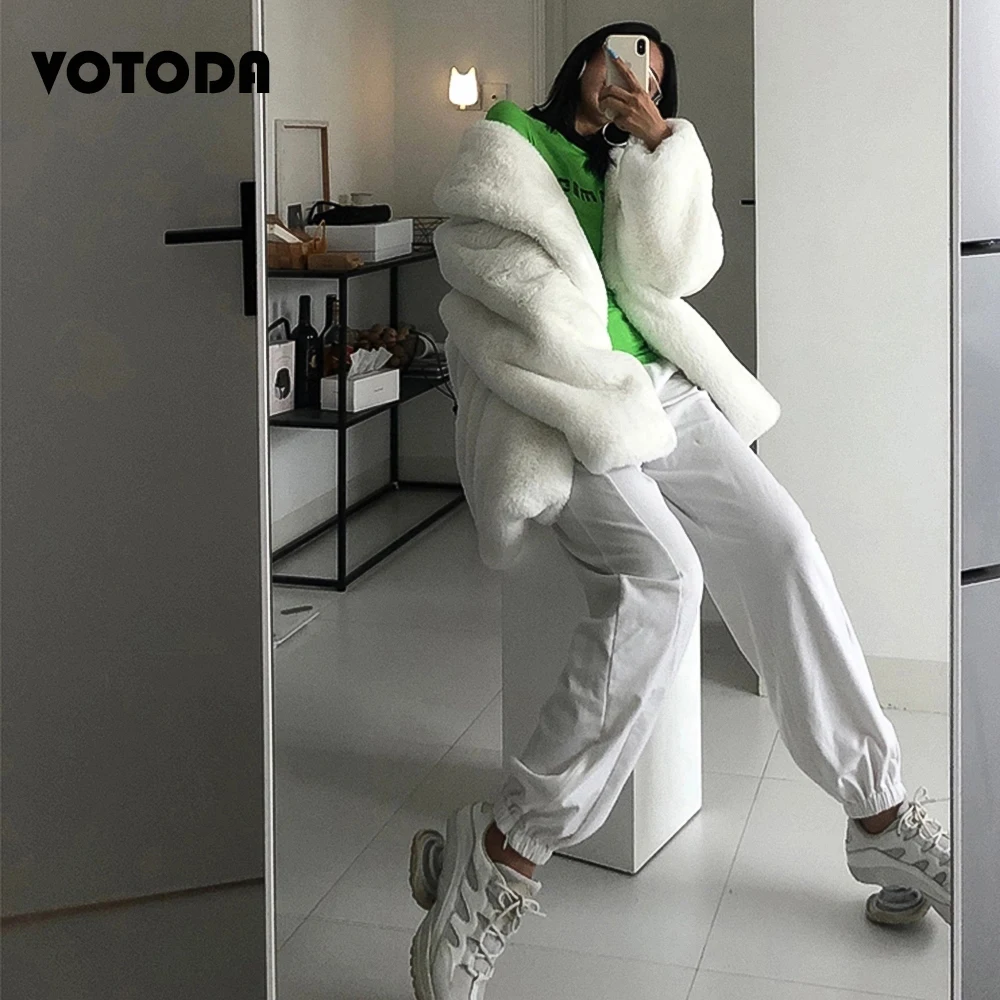 Winter Cool Girl Fur Coat Thick Warm Faux Rabbit Fur Jacket Long Turn Down Collar White Bathrobe Overcoat Women Coat Fashion Top
