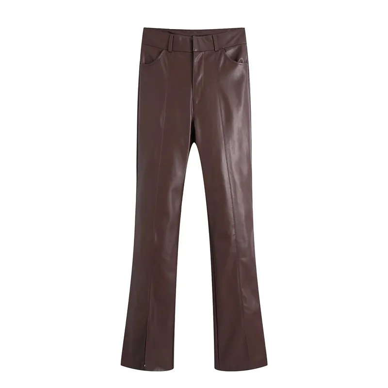 

Evfer Fashion Lady Slit Trouser Leg Faux Leather Long Pants Girls Autumn Coffee Color Za Skinny Pu Trousers Womens Chic Pants