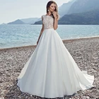 Простое свадебное платье-трапеция с драпировкой, круглым вырезом, аппликацией, открытыми плечами, пуговицами, 2021
