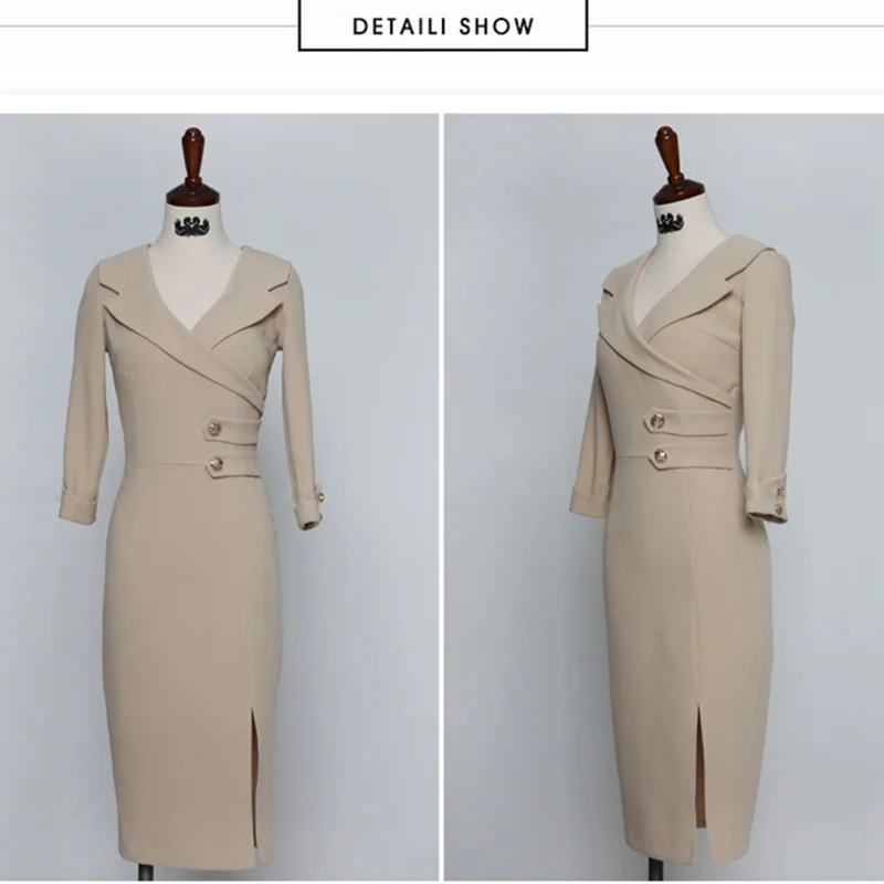

2021 Spring New Women Button Split Sexy Sheath Pencil Bodycon Dresses Elegant Notched Collar Knee-length Dress