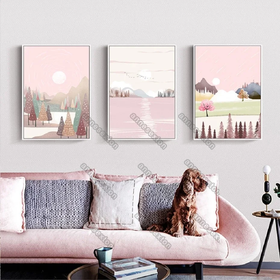 

European Style Canvas Painting Posters Hand-Made Scenery Pictures Pink Natural Landscape Background for Home Rooms Wall Decorati