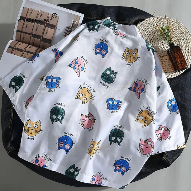 Кимоно, кардиган, мужское кимоно, Femme, Yukata, Harajuku, японское кимоно, летнее, с принтом кота, голубое, пальто, Азия, кимоно, косплей, костюм, рубашка - Цвет: color 15