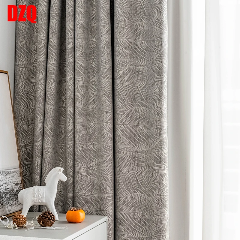 

2022 New Cotton and Linen Blended Curtain Gray Leaf Simple Modern Homestay Living Room Bay Window French Window Customization