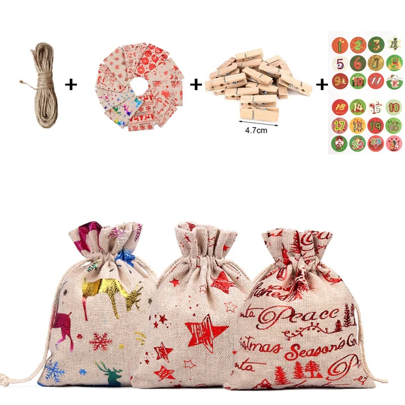 

24Pcs Christmas Gift Bags Calendar Countdown Jute Bag Candy Storage Pouch DIY Christmas Advent Calendar Bag