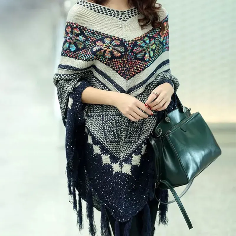 Осень зима свитер пончо с кисточками Женский вязанный большим треугольным