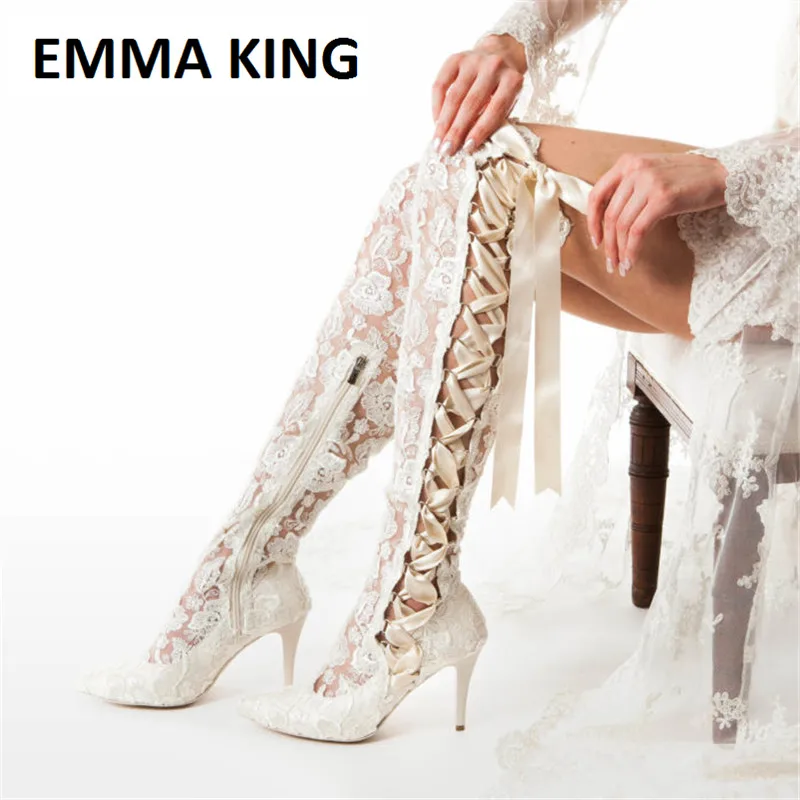 Женская модная белая свадебная обувь сапоги до колена со шнуровкой и острым