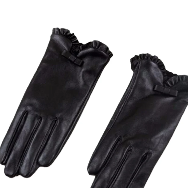 

Wholesale autumn and winter gloves elegant bow black sheepskin ladies leather gloves warm thickening velvet