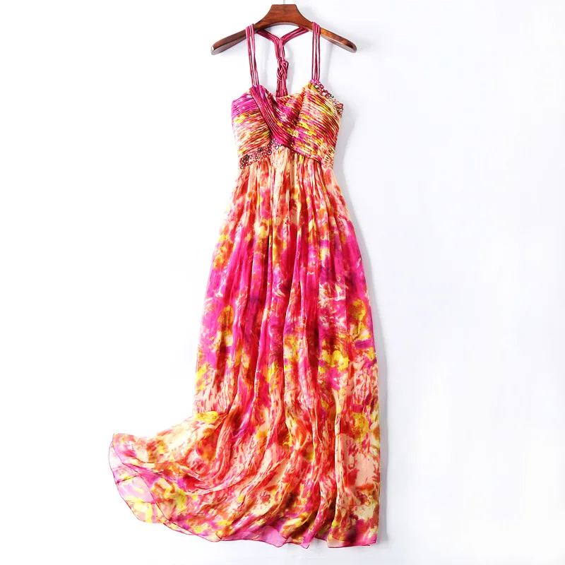 

Summer Bohemian Beach Dress Women 2021 Sexy V-neck Spaghetti Strap Printed Silk Long Dress