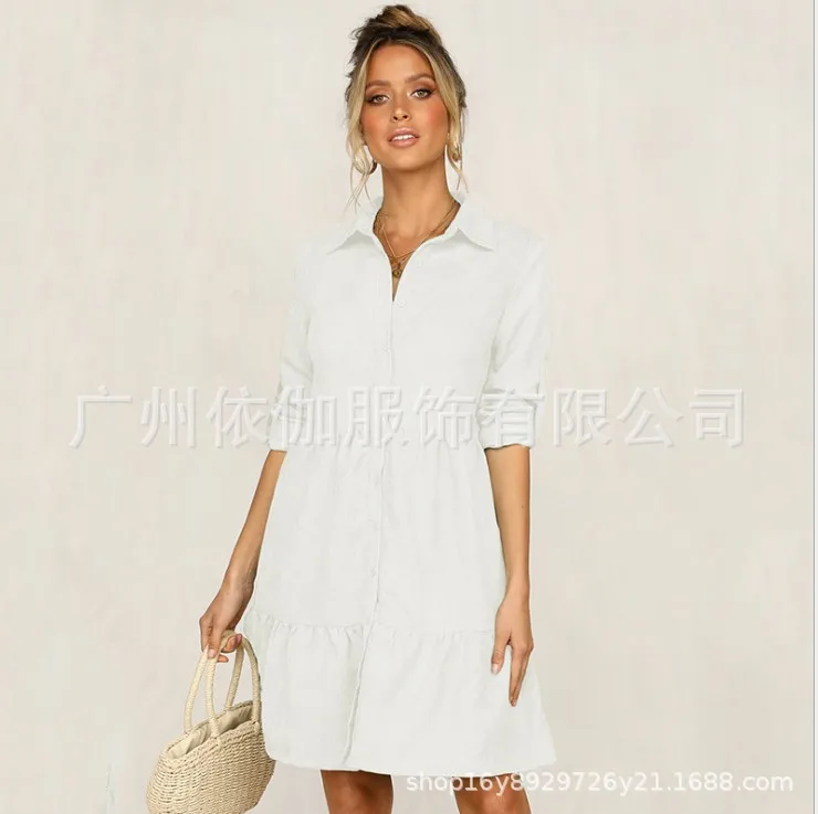 

Large swing collar single-breasted shirt women dress with sleeves in solid color
