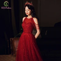 ssyfashion new luxury sequins evening dress banquet elegant halter wine red crystal beading prom formal gown vestido de festa