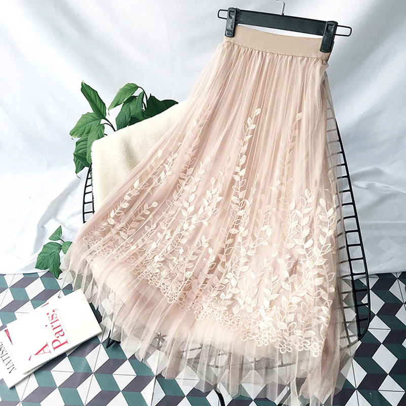 

2019 Autumn Winter Vintage Skirts Womens Elastic High Waist Tulle Mesh Skirt Long Pleated Tutu Skirt Female