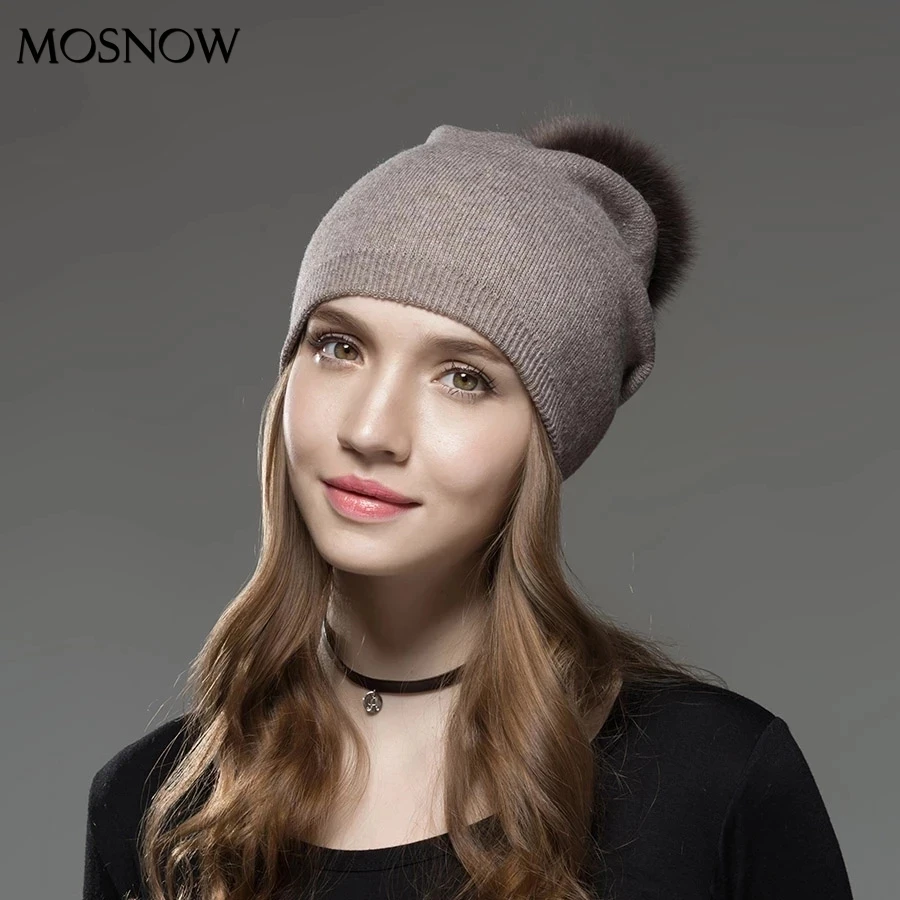 Шапка женская шерсть из енота лисы Меховые помпоны зимние шапки Асимметричные