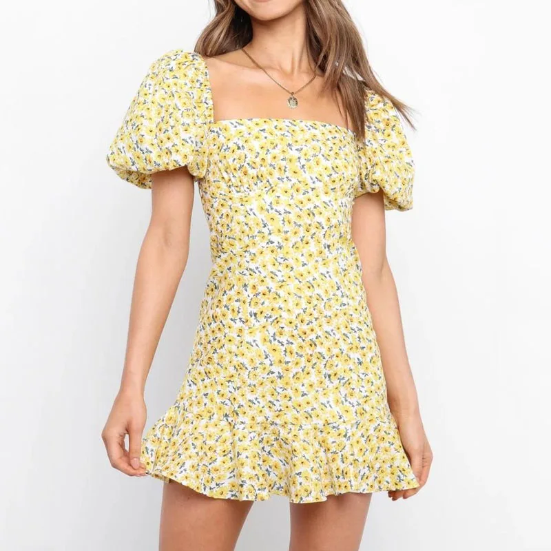 Женское летнее платье с цветочным принтом желтое богемное Хлопковое пышными