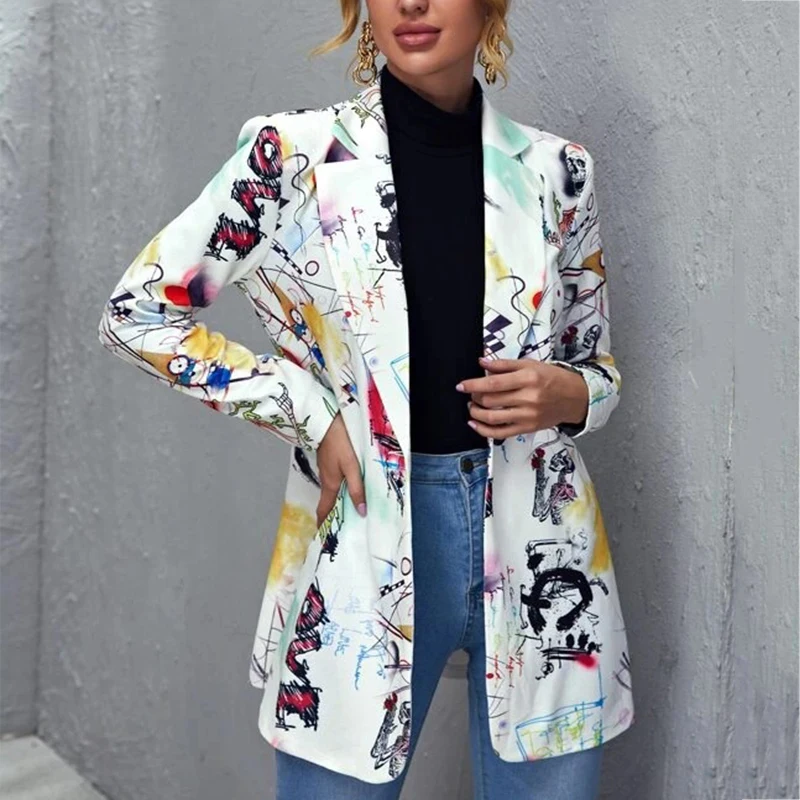 

Vintage Graffiti Printing Blazer Women Jacket High Street Fashion 2021 New Spring Plus Size Elegant Lady Coat American Stylish