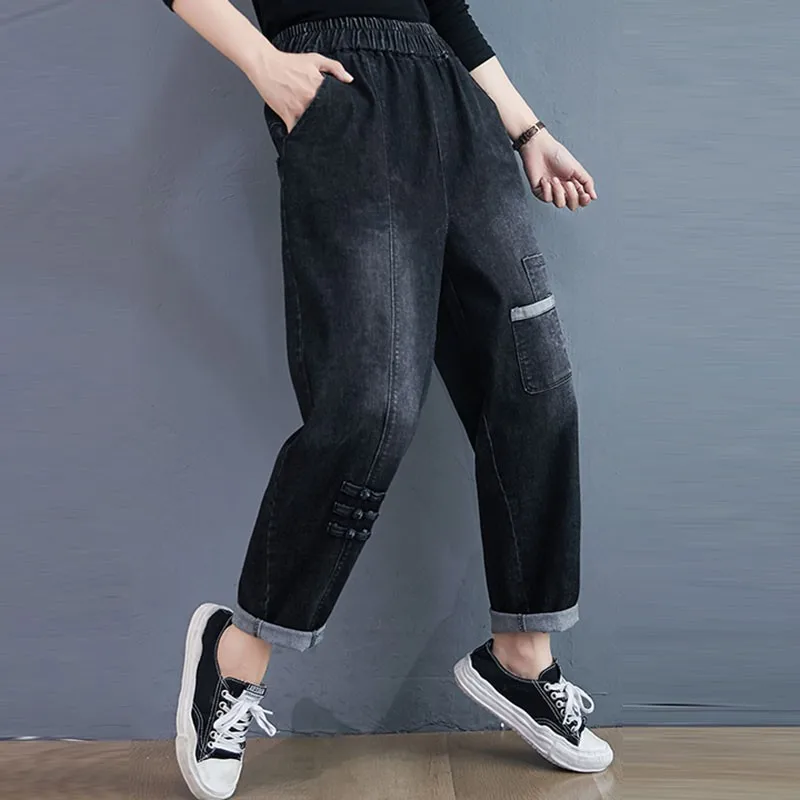 

Women Casual Boyfriend Jeans New 2020 Autumn Simple Style Solid Color All-match Loose Female High Waist Denim Harem Pants S2187