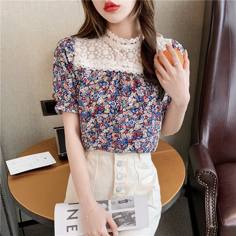 

Retro Floral printed shirt Puff sleeve Stitching Lace Tops Summer Women blouses and tops roupas feminina