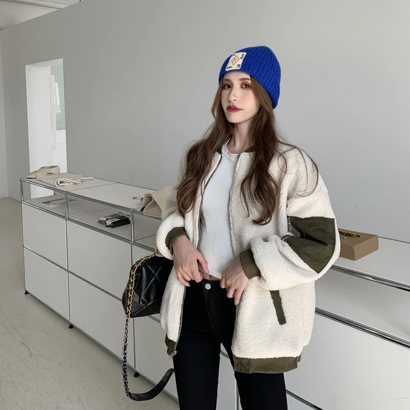 

Lambskin cardigan coat women's autumn winter versatile thickened Plush Style baseball uniform with jacket on both